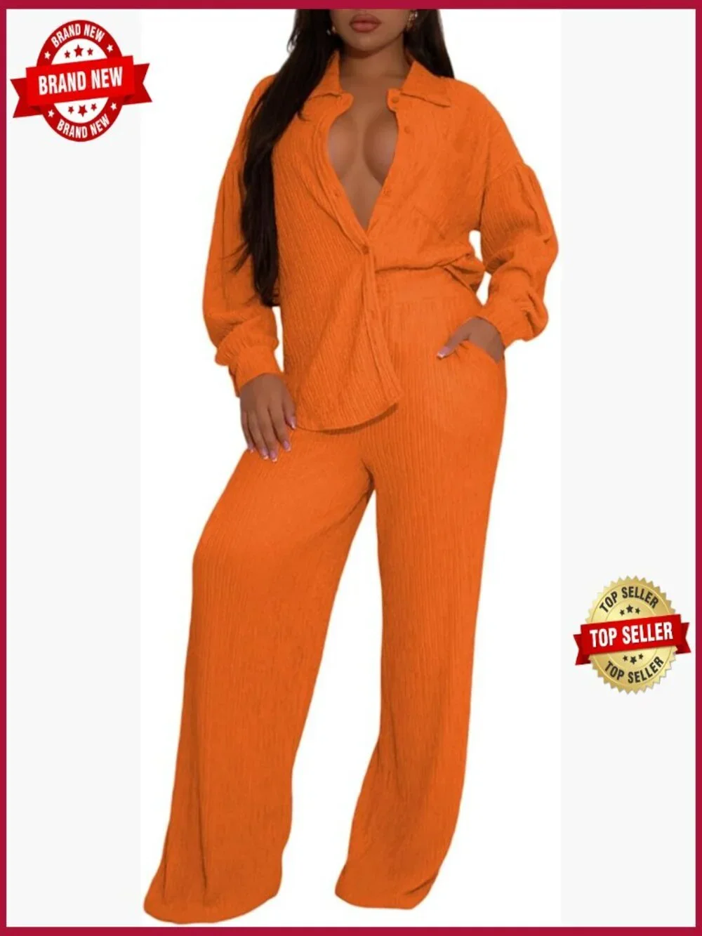 2 Piece Lounge Set - Button Down Shirt & Wide Leg Pants